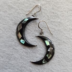 .925 Sterling Silver and Abalone Crescent Moon Hook Earrings Dangle